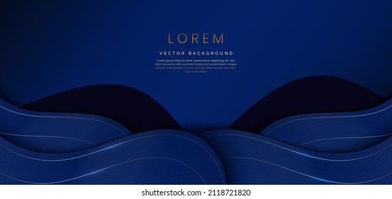 3D modern luxury template elegant dark blue color wave shape overlapping and golden curved line on dark blue background. Vector illustration