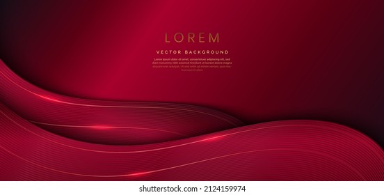 plantilla de lujo 3D moderna elegante forma de onda de color rojo oscuro que se solapa y línea curvada dorada sobre fondo azul oscuro. Ilustración del vector