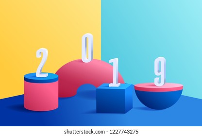 3D modern minimalist mockup colorful geometric. Geometric shapes on colorful background with 2019 Happy New Year. Vector Illustration.