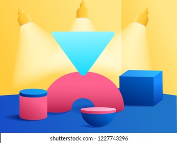 3D modern minimalist mockup colorful geometric. Geometric shapes with spotlights on colorful background. Vector Illustration.