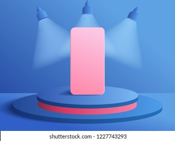 3D modern minimalist mockup. Smartphone on Podium for product presentation or showcase with spotlights on blue color background. Vector Illustration.