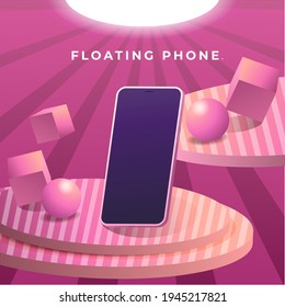 3D modern minimalist mockup. Smartphone on Podium for product presentation or showcase with spotlights on fresh color background. Vector Illustration.