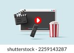3D modern objects for watching video content, movies. Browser, play, remote control, popcorn, clapper cinema. Home rest. For use in advertising concept. V