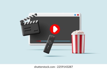 3D modern objects for watching video content, movies. Browser, play, remote control, popcorn, clapper cinema. Home rest. For use in advertising concept. V