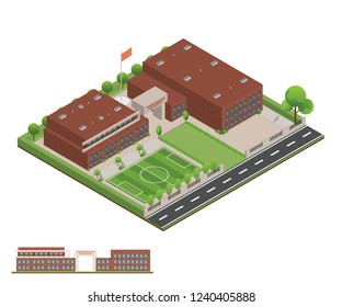 3D modern office or school building and environment with tree, fence and roads, Isometric of university or modern building and architecture, Flat office, school and university vector illustration.