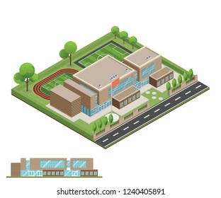 3D modern office or school building and environment with tree, fence and roads, Isometric of university or modern building and architecture, Flat office, school and university vector illustration.