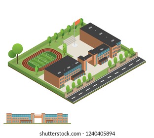 3D modern office or school building and environment with tree, fence and roads, Isometric of university or modern building and architecture, Flat office, school and university vector illustration.