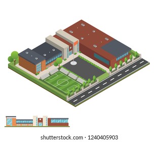 3D modern office or school building and environment with tree, fence and roads, Isometric of university or modern building and architecture, Flat office, school and university vector illustration.