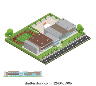 3D modern office or school building and environment with tree, fence and roads, Isometric of university or modern building and architecture, Flat office, school and university vector illustration.