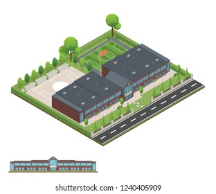 3D modern office or school building and environment with tree, fence and roads, Isometric of university or modern building and architecture, Flat office, school and university vector illustration.