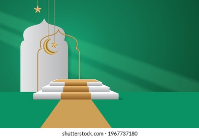 3d modern Ramadan Kareem and Eid banner with podium, mosque, crescent moon, and star on green shadow overlay background and blank space for your amazing text promotion. vector illustration