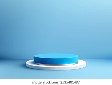A cena moderna 3D apresenta um pódio azul circular em uma base branca contra um pano de fundo azul claro. Mostrando produtos ou maquetes, o design minimalista cria uma apresentação limpa e elegante