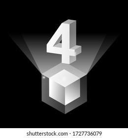 3d modern silver white solid number vector on light cube platform, shiny digital isometric count illustration & spotlight shimmer transparent square stage, technology typography number four 4 symbol