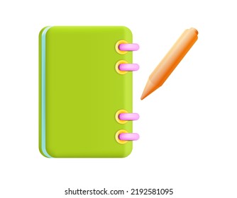 Boletín espiral moderno 3D con lápiz para notas. Diario o agenda realista para eventos y vacaciones. Símbolo de libro o libro de texto con pluma. Icono del planificador de negocios para la programación diaria. Ilustración del vector