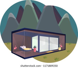 3d modern stylish building with transparent glass walls, large windows,  flamingo, soft swing and cosy design isolated on white background. Vector beautiful unusual luxury house in the mountains