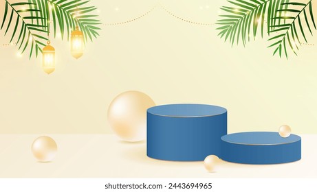 3d modern tropical abstract geometric background for ecommerce. With blue stage podium, tropical summer leaves, sphere, lanterns and cream background.