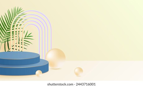 3d modern tropical abstract geometric background for ecommerce. With blue stage podium, tropical summer leaves, sphere, arch and cream background.
