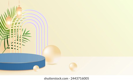 3d modern tropical abstract geometric background for ecommerce. With blue stage podium, tropical summer leaves, sphere, arch and cream background.