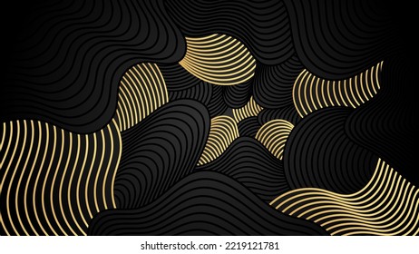 3D modern wave curve abstract presentation background. Lines layer background. Abstract decoration, pattern, luxury golden gray gradients, 3d vector illustration. Black dark background