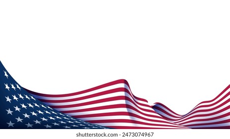 3D modern wavy America national flag, isolated on white background with copy space. Minimalist design