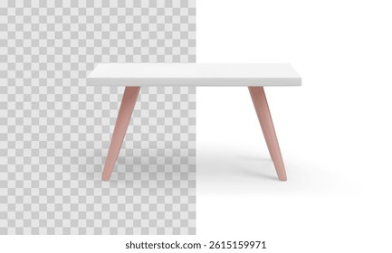 3d Modern White Table with Pink Legs on Transparent and White Background. Minimalist Furniture for Interior Design, Product Presentation or Mockup Use. Vector Illustration.