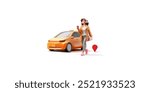 3D modern yellow taxi, a young woman with coffee, and a location icon. Banner for taxi service, passenger transportation, safety, and lifestyle concepts. Vector illustration.