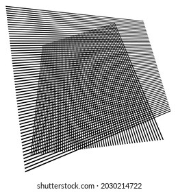 3D moire grid mesh. Tilted, skew intersecting lines pattern vector