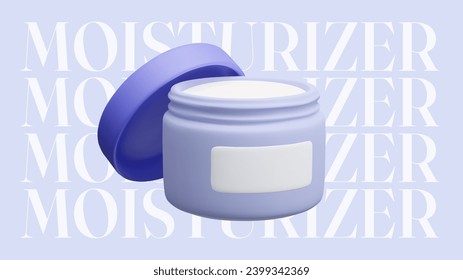 3D moisturizer cream jar web background template design. Cartoon style blue cosmetic product packaging on blue moisturizer background. 3D facial mask open bottle advertising showcase mockup vector.