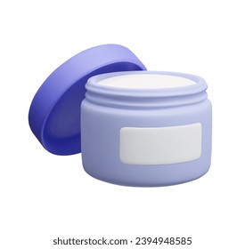 Embalaje de crema hidratante 3D aislado en blanco. Frasco de crema facial azul abierto con apoyos sobre el tapón del frasco. Producto cosmético 3D estilo caricatura. Tratamiento de la piel, cosmetología, tiempo de SPA.