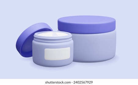 3D moisturizer facial cream bottles blue vector illustration. Cute cartoon style skincare treatment packaging design 3D. Realistic render of facial mask jars with open and closed cap.