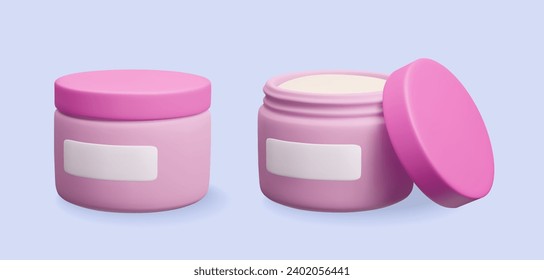 Ilustración vectorial de crema facial hidratante 3D. Conjunto de dos botellas de productos cosméticos rosas: contenedor abierto con tapa de inclinación y frasco de crema cerrado. Tratamiento de cuidado de la piel en 3D.