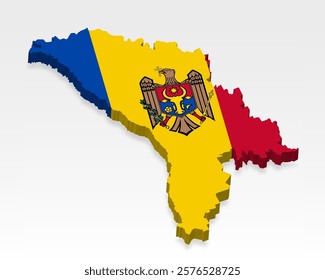 3D  Moldova map with flag. Three dimensional map of Moldova with shadow. Flag Republic of Moldova on white background for your design, app, UI.  Stock vector. EPS10.