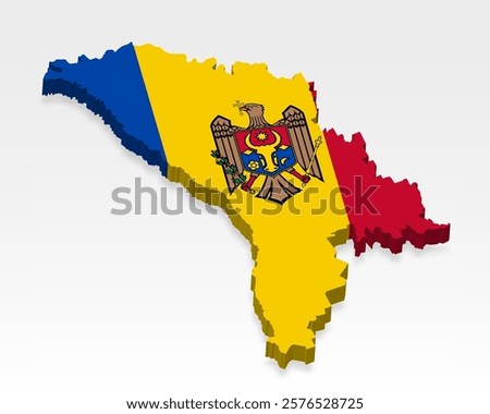 3D  Moldova map with flag. Three dimensional map of Moldova with shadow. Flag Republic of Moldova on white background for your design, app, UI.  Stock vector. EPS10.