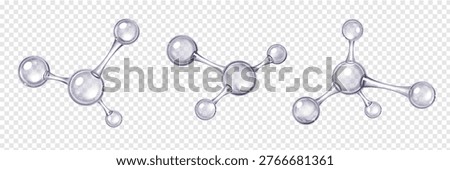 3D molecular structure with transparent glass atoms and bonds, realistic vector illustrations. Chemical formula model isolated on transparent background, laboratory and science symbol