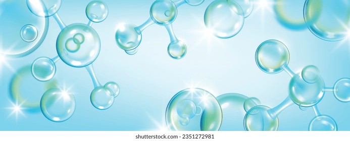 3D molecule oxygen background, vector skin care cosmetic bubble banner, chemistry formula cell. Blue glass sphere chemical biotechnology structure, atom DNA element. Collagen molecule medical concept