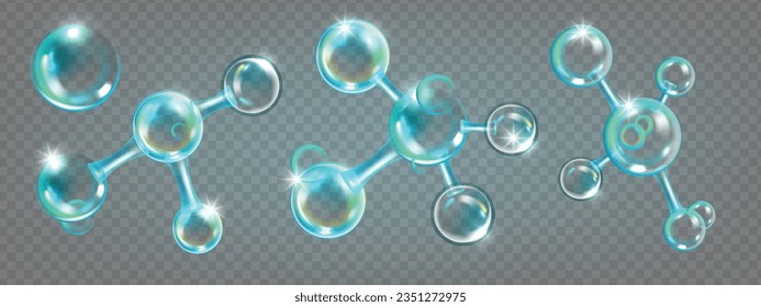 3D molecule oxygen icon set, vector cosmetic skin care bubble nano formula kit, chemistry DNA cell. Science nuclear structure model, atom medicine collagen element blue glass sphere. 3D molecule