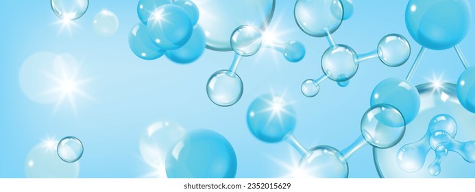 3D molecule oxygen vector background, skin care cosmetic bubble banner, chemistry formula cell. Blue glass sphere chemical biotechnology structure, atom DNA element. Collagen molecule medical concept