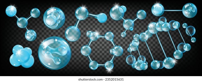 3D-Molekül Sauerstoff-Vektorsymbol Set, kosmetische Hautpflegeblase Nano-Formelkit, chemische DNA-Zelle. Science Nukleare Struktur Modell, Atom Medizin Kollagen Element blaue Glaskugel. 3D-Molekül