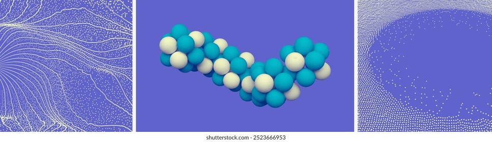 3d molecule structure. Connection structure. Small particles strive out of center. Abstract grid design. Background with dynamic particles. 3d vector illustration for science, technology, presentation