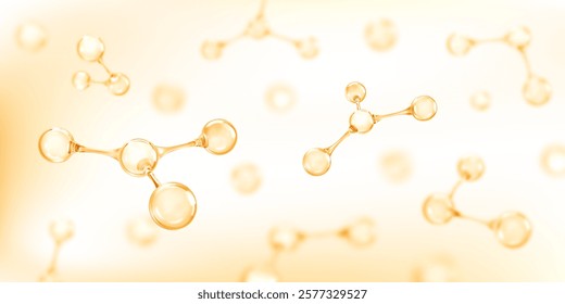 3D molecules or atoms on light yellow background. Concept of biochemical, pharmaceutical, beauty, medical. Science or medical background. Vector 3d illustration