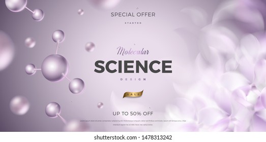 3d molecules vector design. Science abstract background with molecular structure and flower petals. Atoms model illustration, scientific banner for medicine, biology, chemistry or physics template