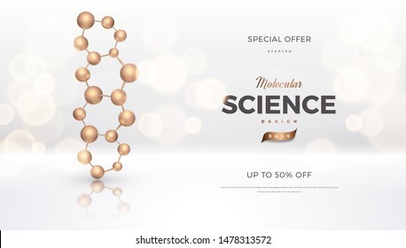 3d molecules vector design. Science abstract background with DNA molecular structure symbol. Atoms model illustration, scientific banner for medicine, biology, chemistry or physics template