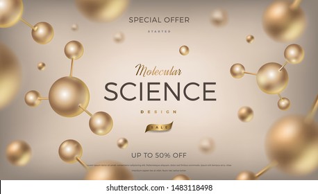 3d molecules vector design. Science abstract background with molecular structure. Atoms model illustration, scientific banner for medicine, biology, chemistry or physics template