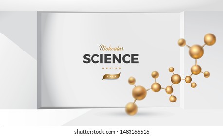 3d molecules vector design. Science abstract background with molecular structure. Atoms model illustration, scientific banner for medicine, biology, chemistry or physics template