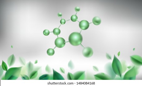 3d molecules vector design. Science abstract background with molecular structure and green natural leaves. Atoms illustration, scientific banner for medicine, biology, chemistry or physics template