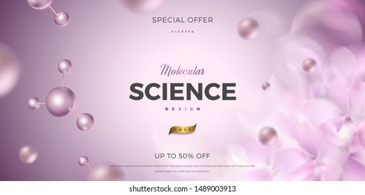 3d molecules vector design. Science abstract background with molecular structure and flower petals. Atoms model illustration, scientific banner for medicine, biology, chemistry or physics template