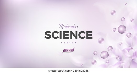 3d molecules vector design. Science abstract background with molecular structure and flower petals. Atoms model illustration, scientific banner for medicine, biology, chemistry or physics template