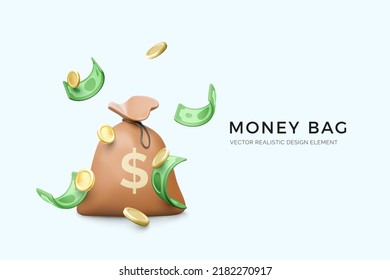 3D money bag with dollar sign and falling green paper currency and gold coins. Banking and finance business banner. Vector illustration