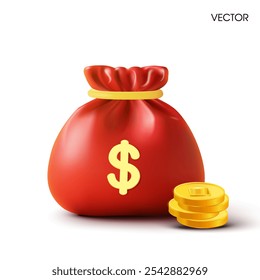 Saco de dinheiro 3D com sinal de dólar e pilha de moedas de ouro, isolado no fundo branco. 3d salvando ícone de vetor saco de dinheiro