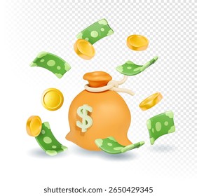 Saco de dinheiro 3D com sinal de dólar e moeda de papel verde em queda e moedas de ouro. Ícone da sacola de dinheiro. Banca, lucro e banner de negócios financeiros. Ilustração vetorial